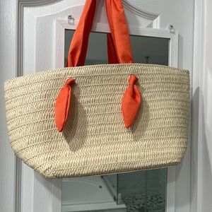 Neiman Marcus Woven Straw Tote With Fabric Handle Straps